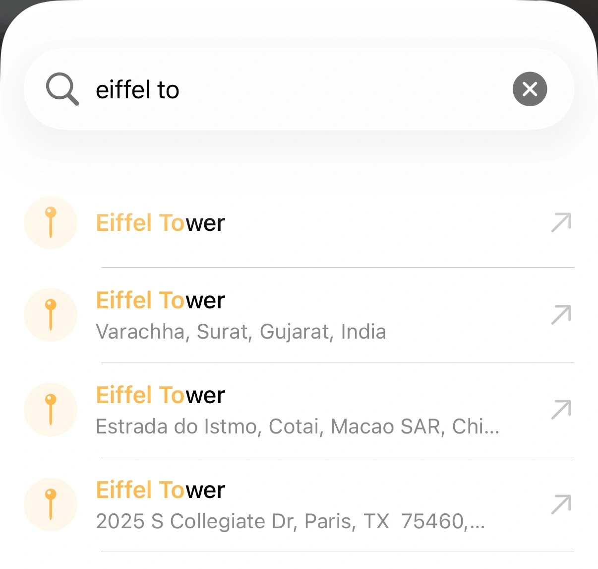 Location search results in SunCast