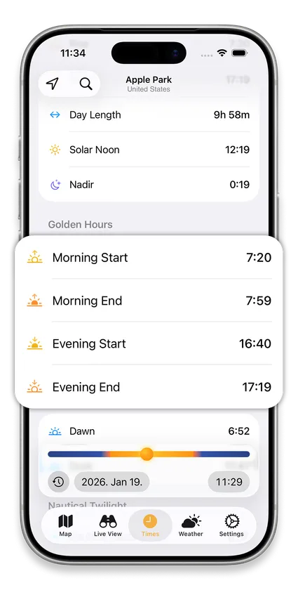 Sunrise, sunset, golden hour and blue hour times for a location