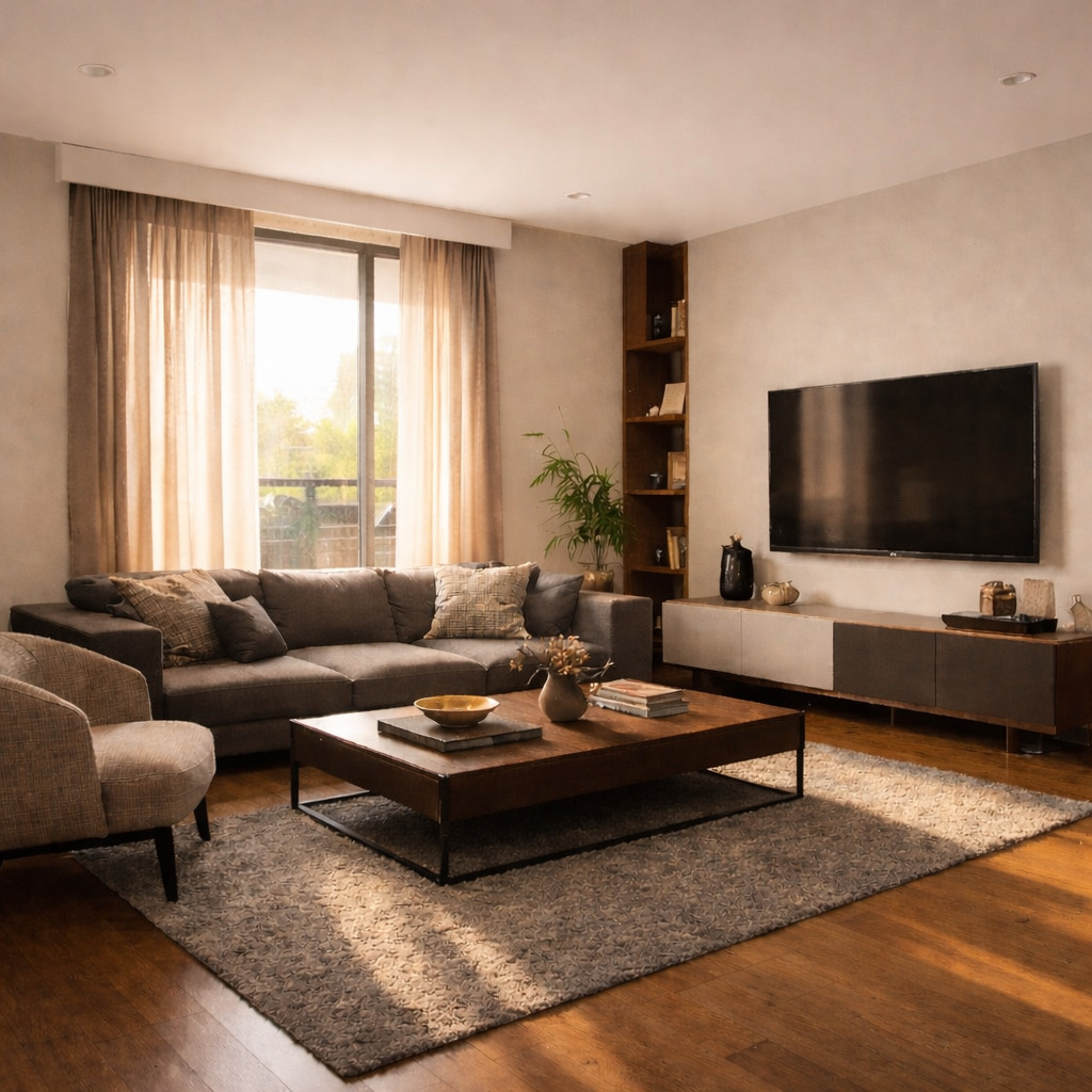 Warm, sunlit living room